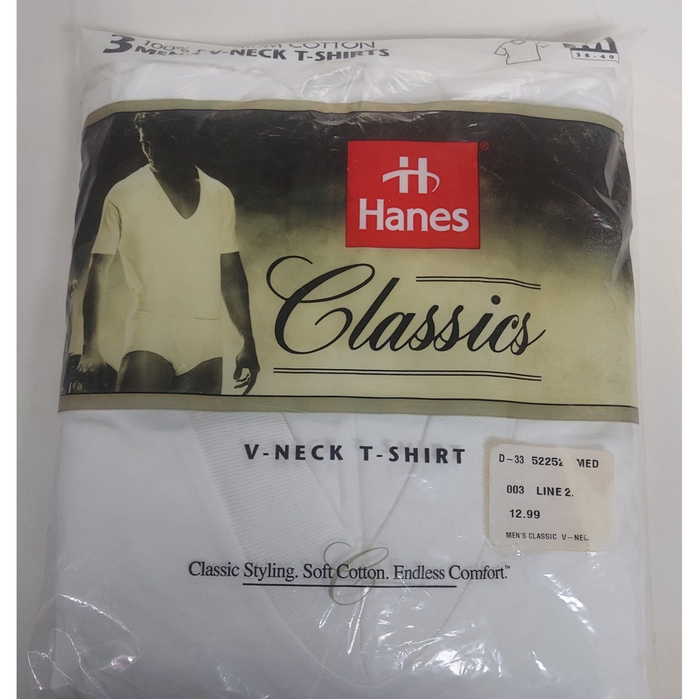 Hanes Classics Men's White V Neck T-Shirts 3 Pack Medium 100% Cotton Soft vtg